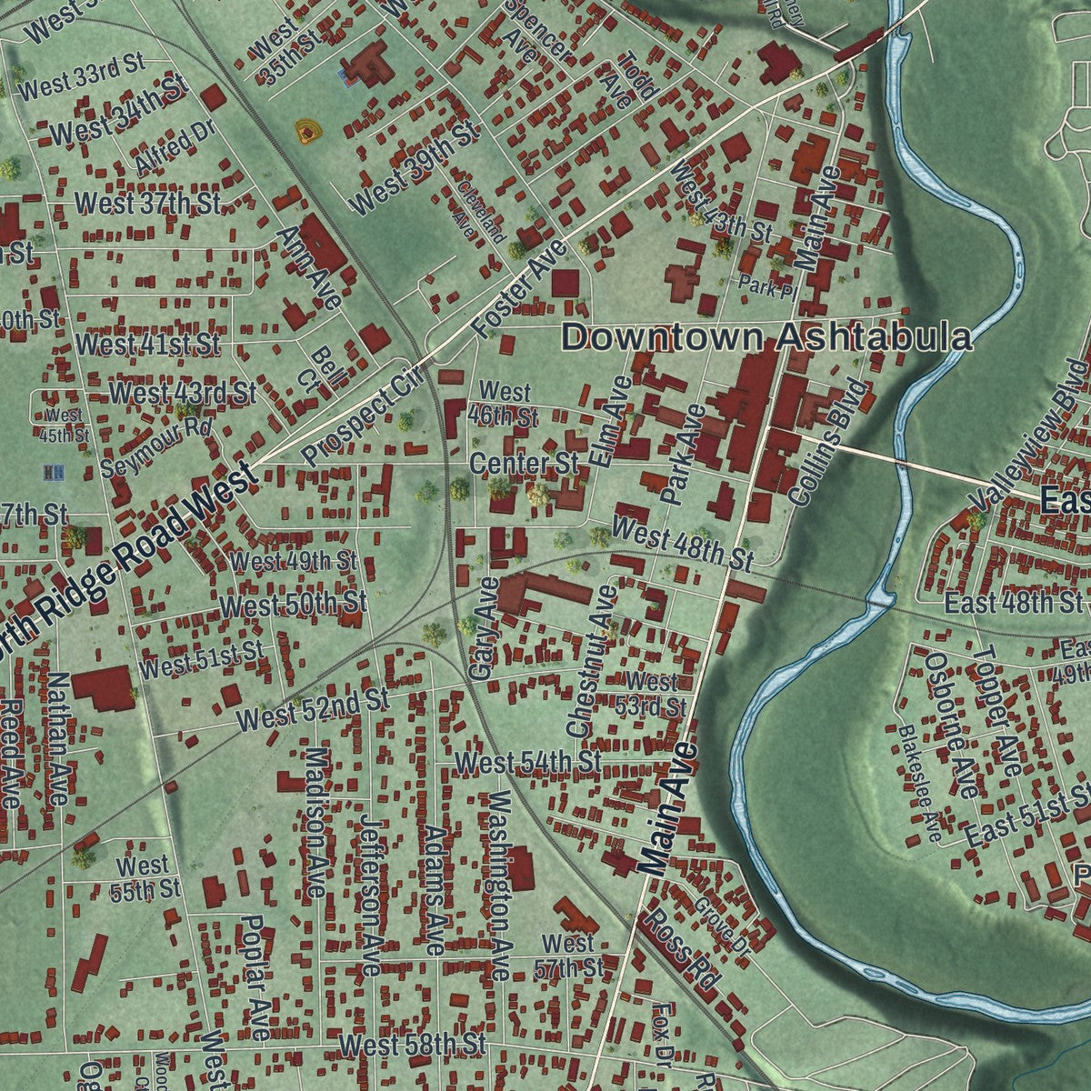 Close-up of the map of Ashtabula, Ohio print showing street and building detail
