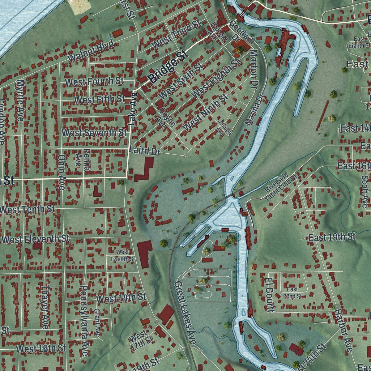 Second close-up of the map of Ashtabula, Ohio print showing more streets and buildings