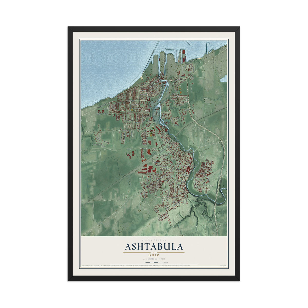 Map of Ashtabula, Ohio, 12 x 18 inch print in a black wood frame