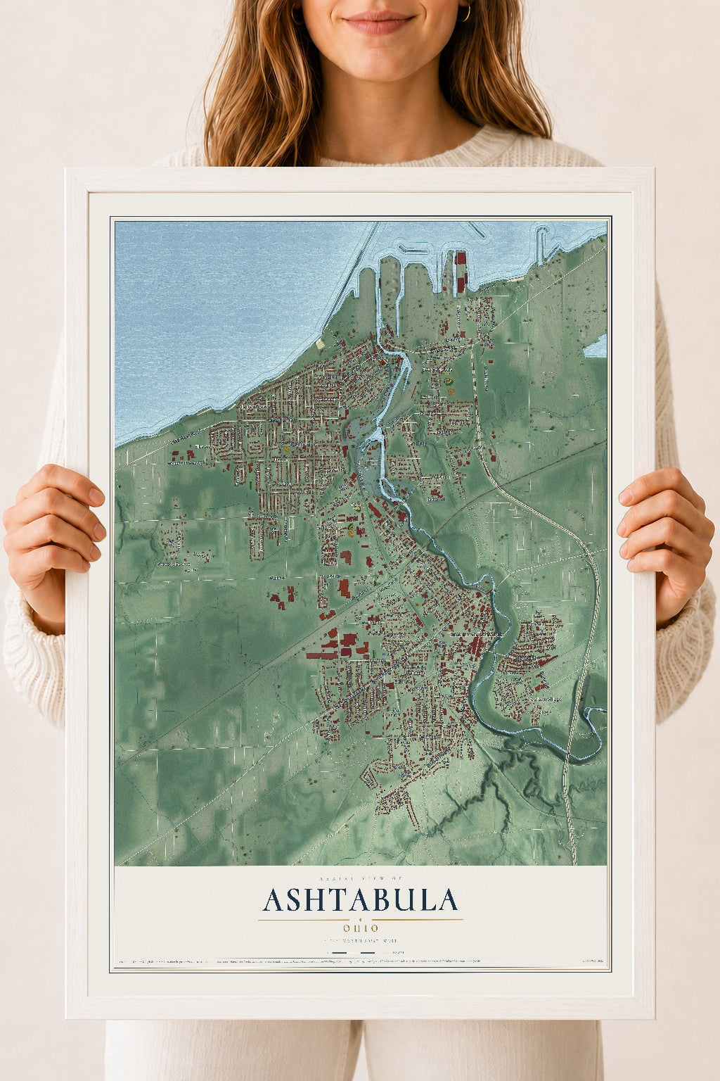 Map of Ashtabula, Ohio, 18 x 24 inch print in a white wood frame