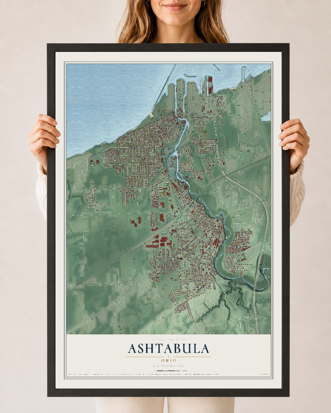 Map of Ashtabula, Ohio, 24 x 36 inch print in a black wood frame