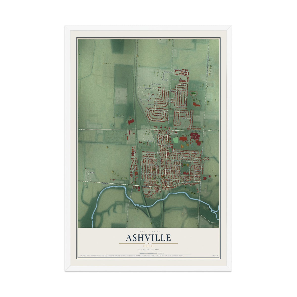 Map of Ashville, Ohio, 12 x 18 inch print in a white wood frame