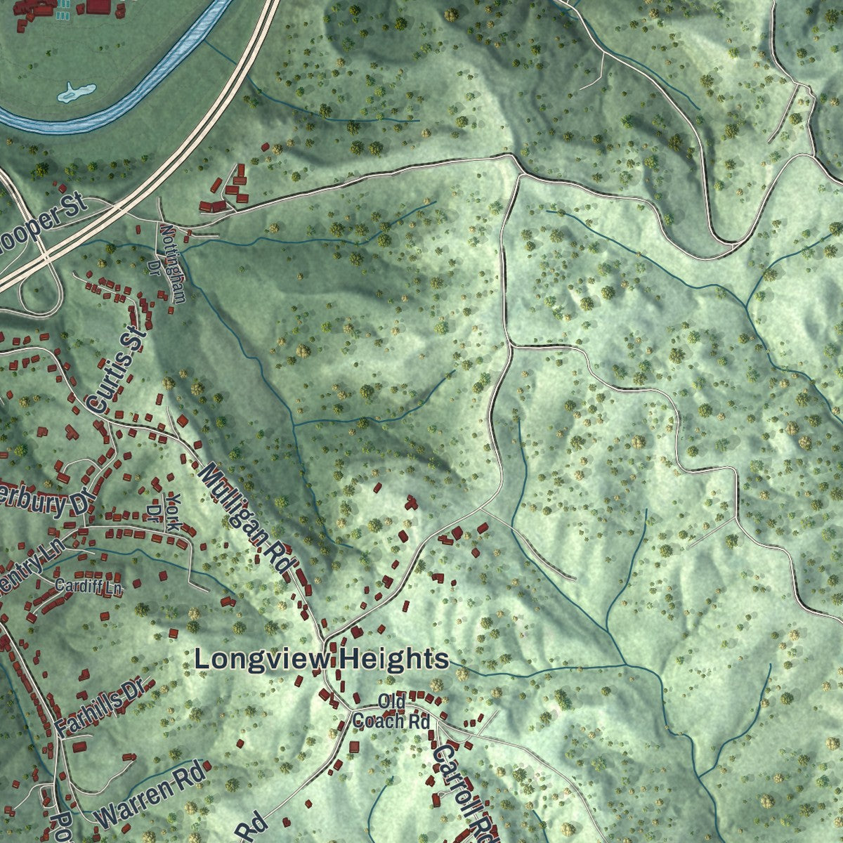 Second close-up of the map of Athens, Ohio print showing more streets and buildings