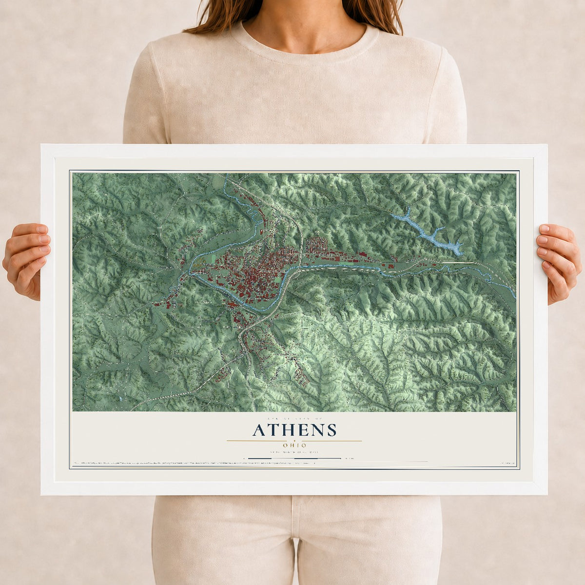Map of Athens, Ohio, 12 x 18 inch print in a white wood frame