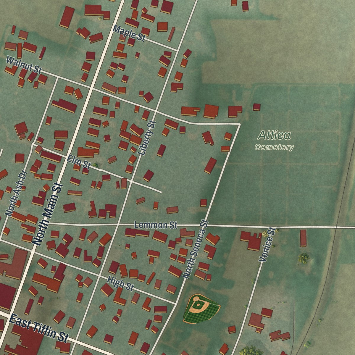 Close-up of the map of Attica, Ohio print showing street and building detail