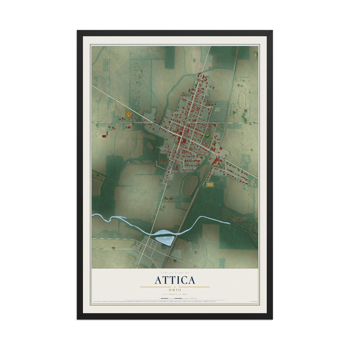 Map of Attica, Ohio, 12 x 18 inch print in a black wood frame