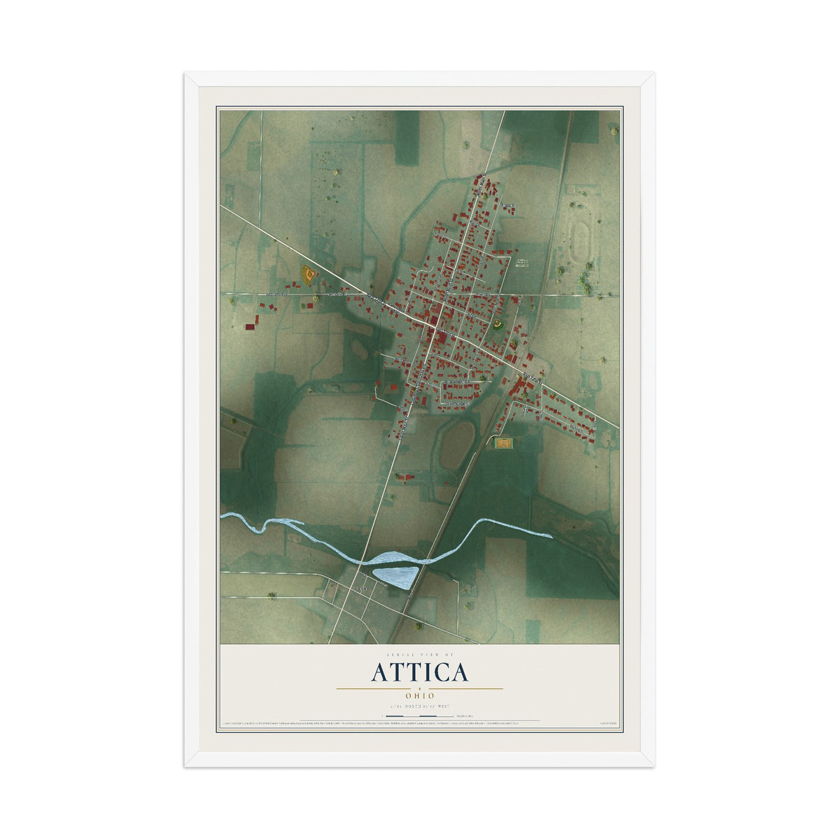 Map of Attica, Ohio, 12 x 18 inch print in a white wood frame