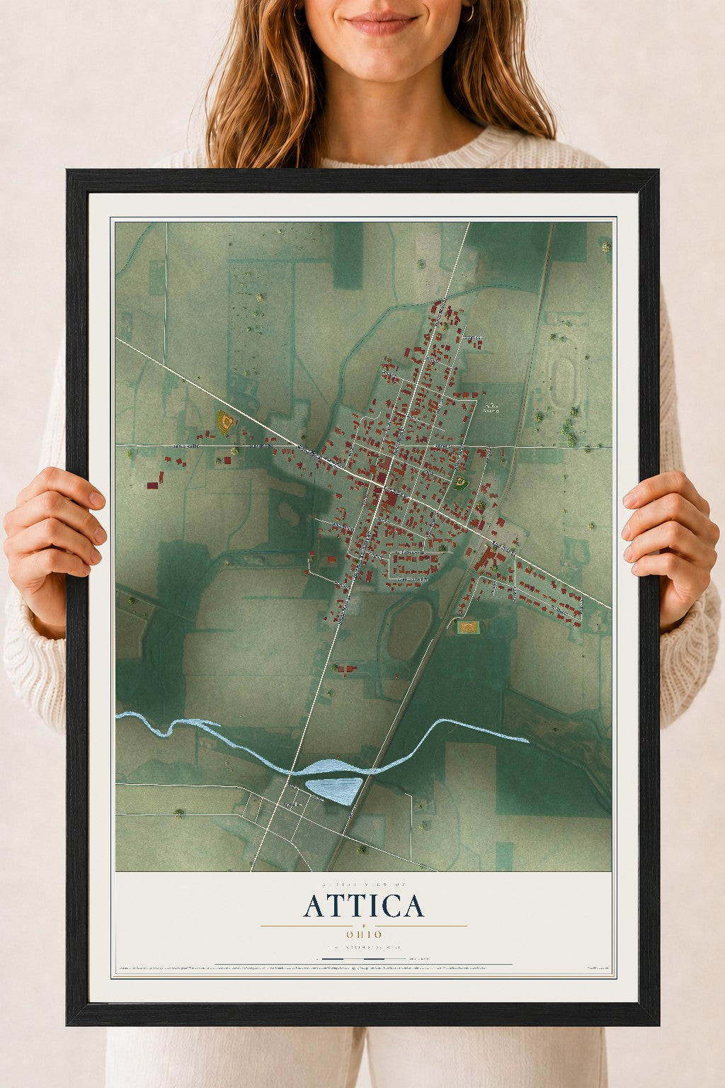 Map of Attica, Ohio, 18 x 24 inch print in a black wood frame