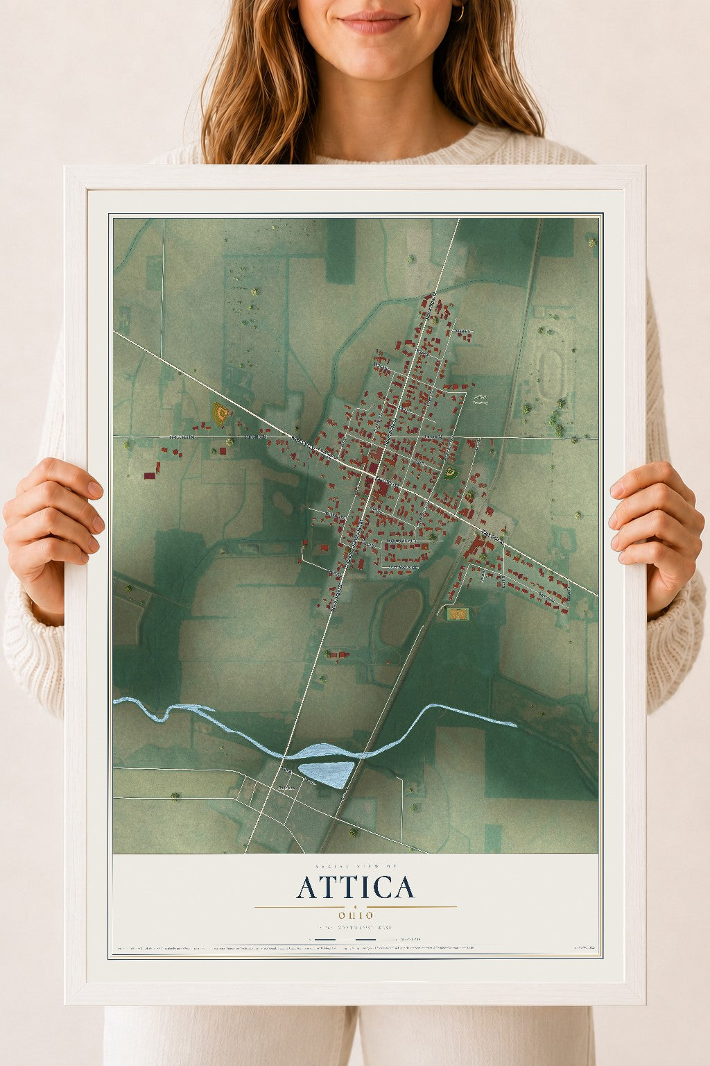 Map of Attica, Ohio, 18 x 24 inch print in a white wood frame