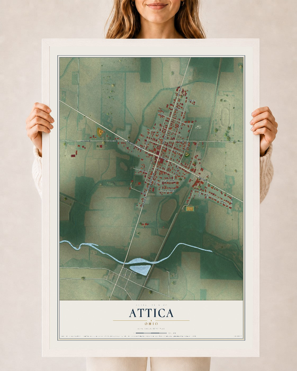 Map of Attica, Ohio, 24 x 36 inch print in a white wood frame