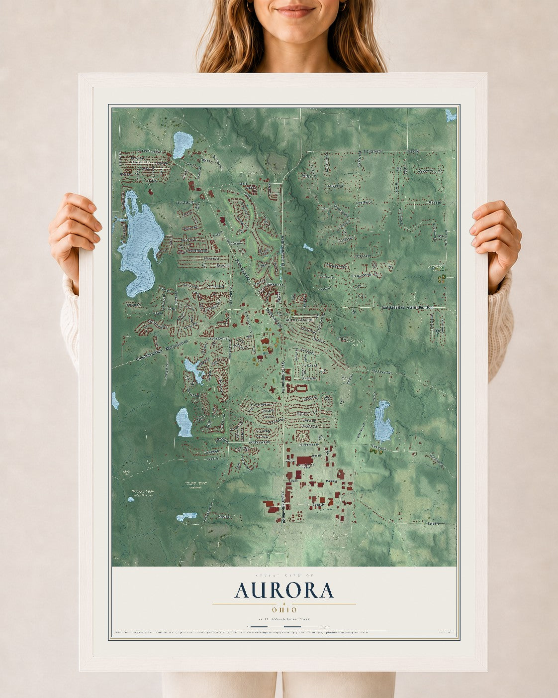 Map of Aurora, Ohio, 24 x 36 inch print in a white wood frame