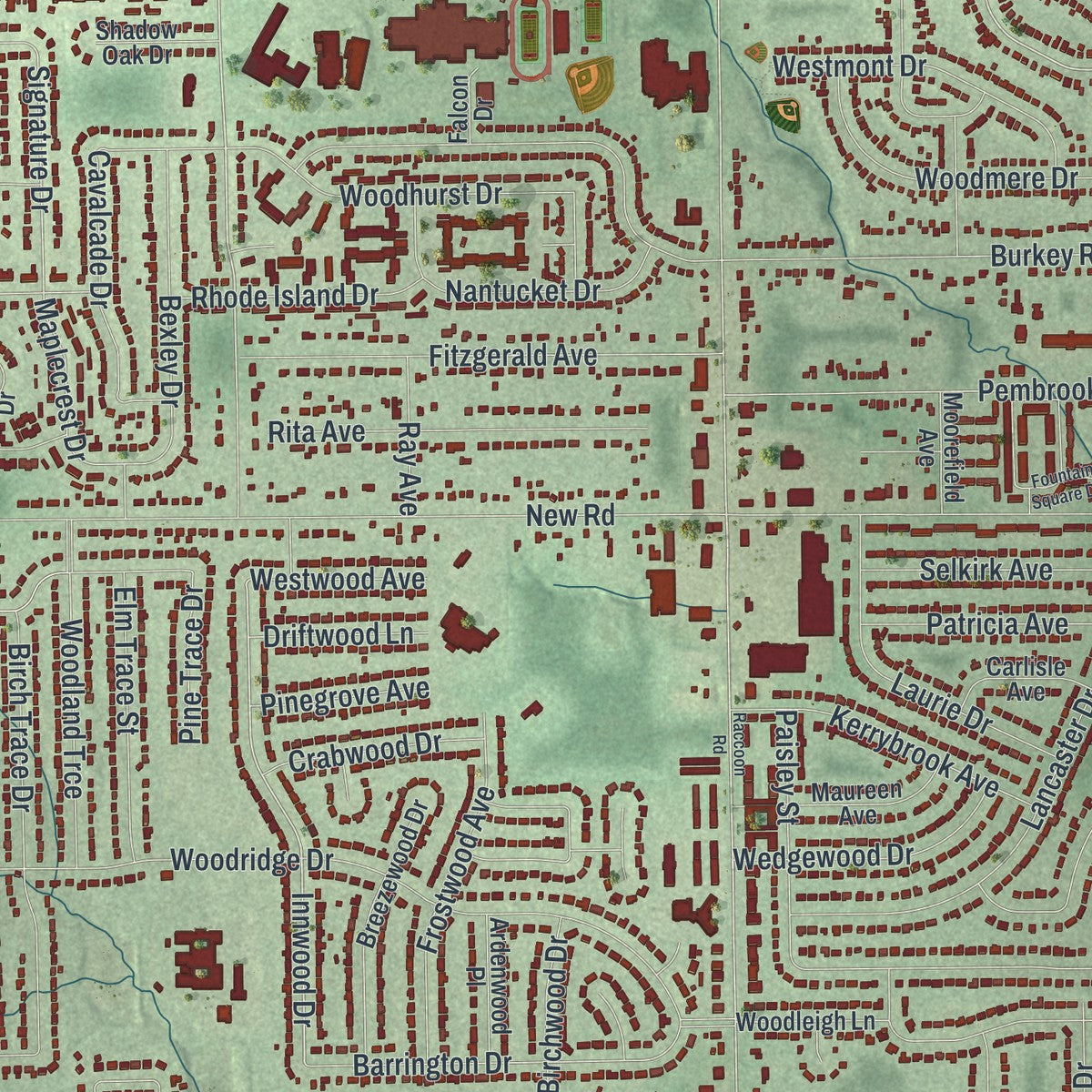 Close-up of the map of Austintown, Ohio print showing street and building detail