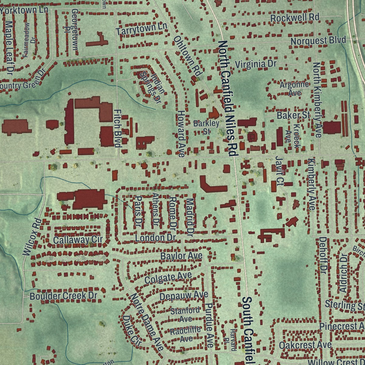 Second close-up of the map of Austintown, Ohio print showing more streets and buildings