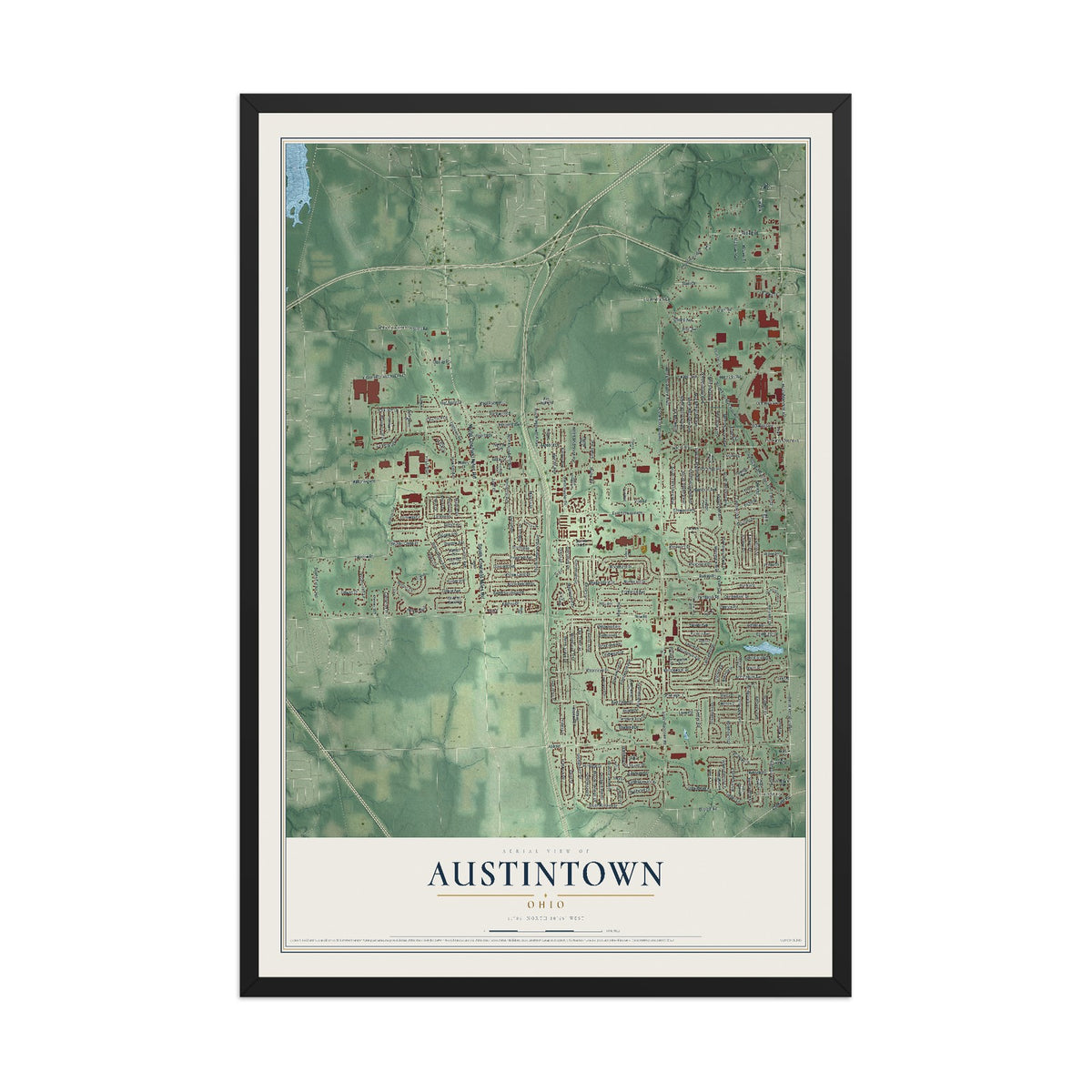 Map of Austintown, Ohio, 12 x 18 inch print in a black wood frame