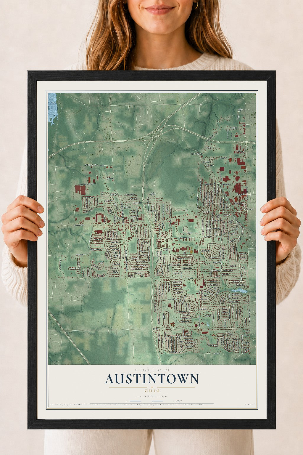 Map of Austintown, Ohio, 18 x 24 inch print in a black wood frame
