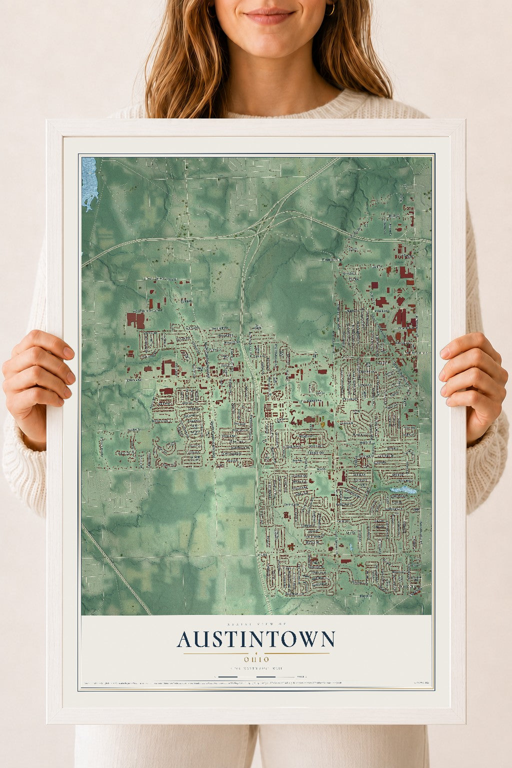 Map of Austintown, Ohio, 18 x 24 inch print in a white wood frame