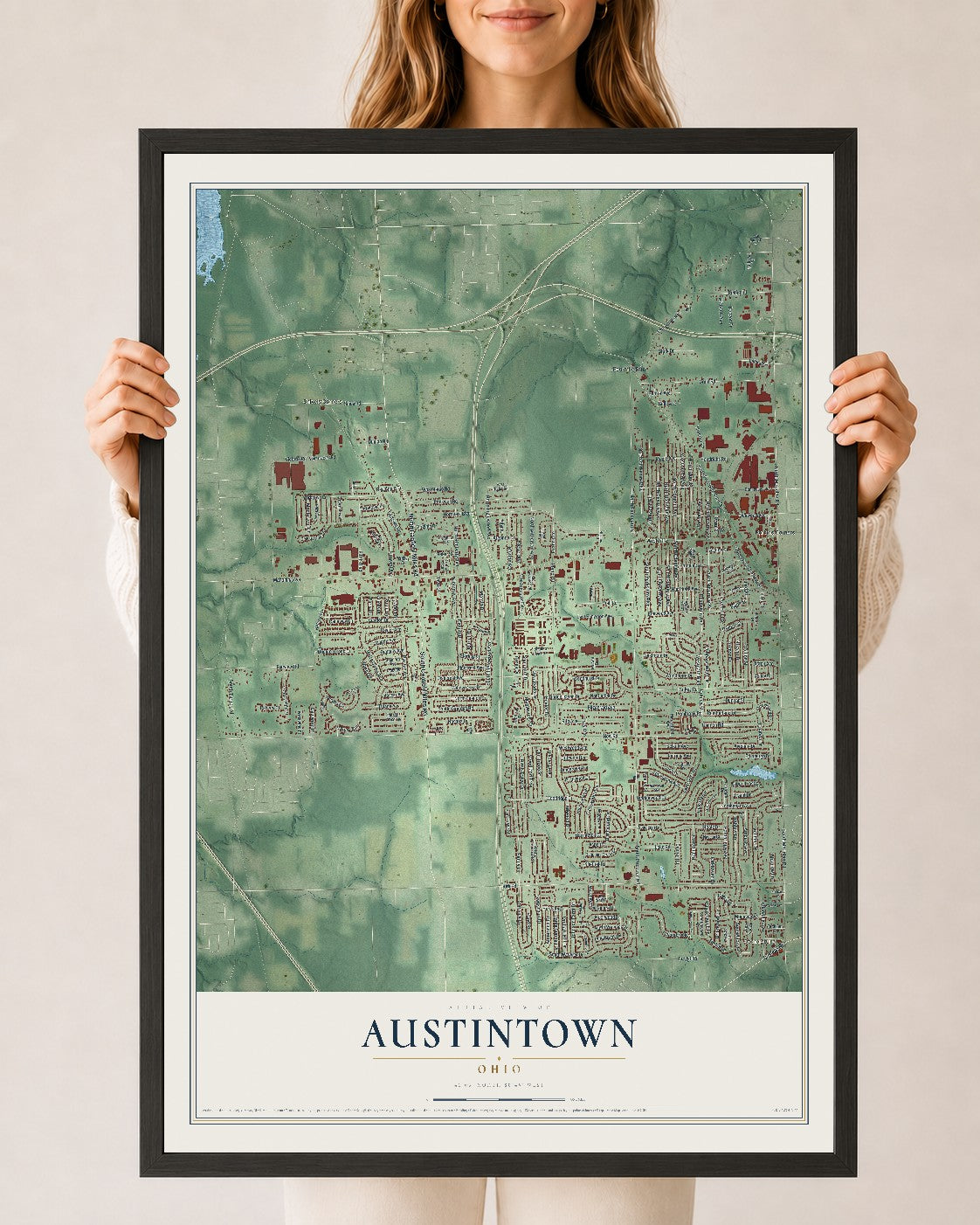 Map of Austintown, Ohio, 24 x 36 inch print in a black wood frame