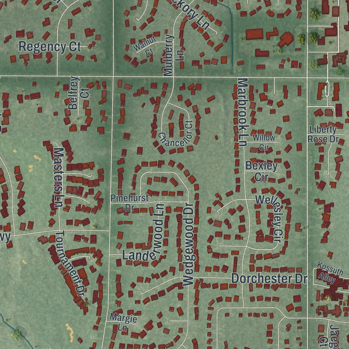 Close-up of the map of Avon Lake, Ohio print showing street and building detail