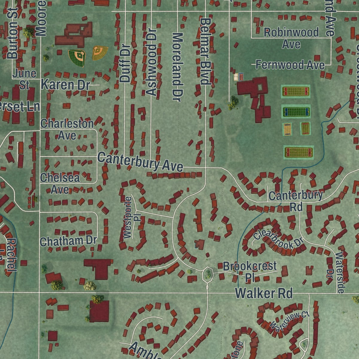 Second close-up of the map of Avon Lake, Ohio print showing more streets and buildings