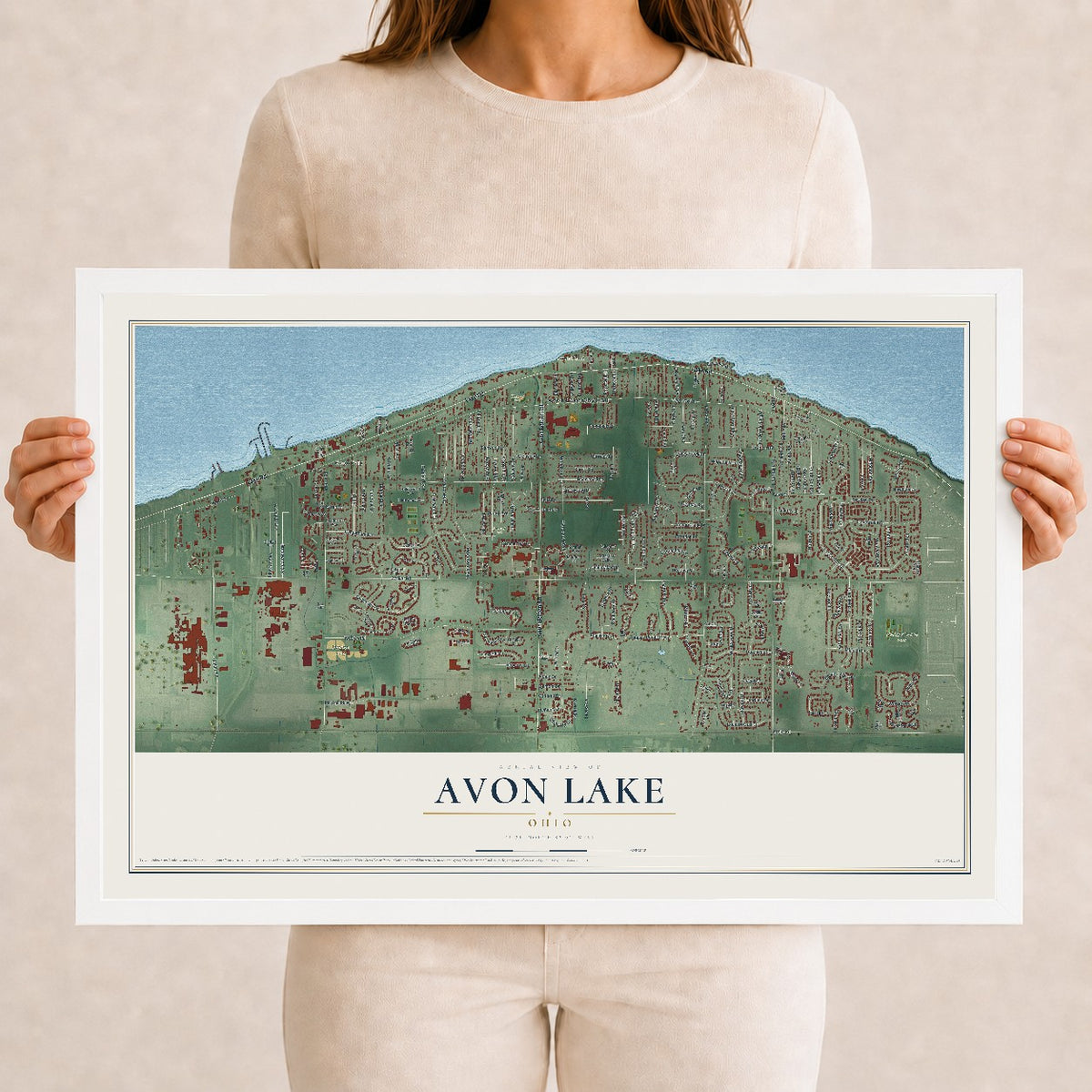 Map of Avon Lake, Ohio, 12 x 18 inch print in a white wood frame
