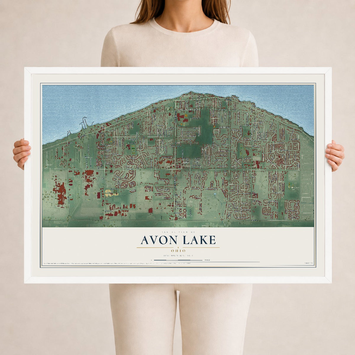 Map of Avon Lake, Ohio, 24 x 36 inch print in a white wood frame