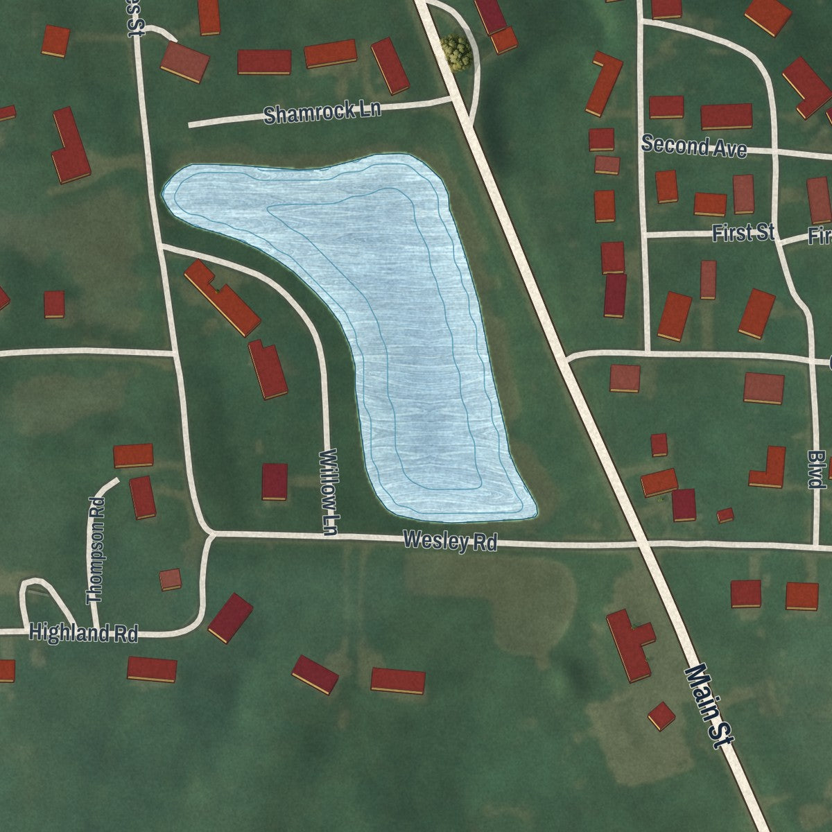 Close-up of the map of Bailey Lakes, Ohio print showing street and building detail