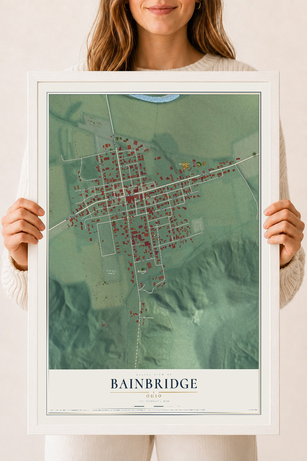 Map of Bainbridge, Ohio, 18 x 24 inch print in a white wood frame