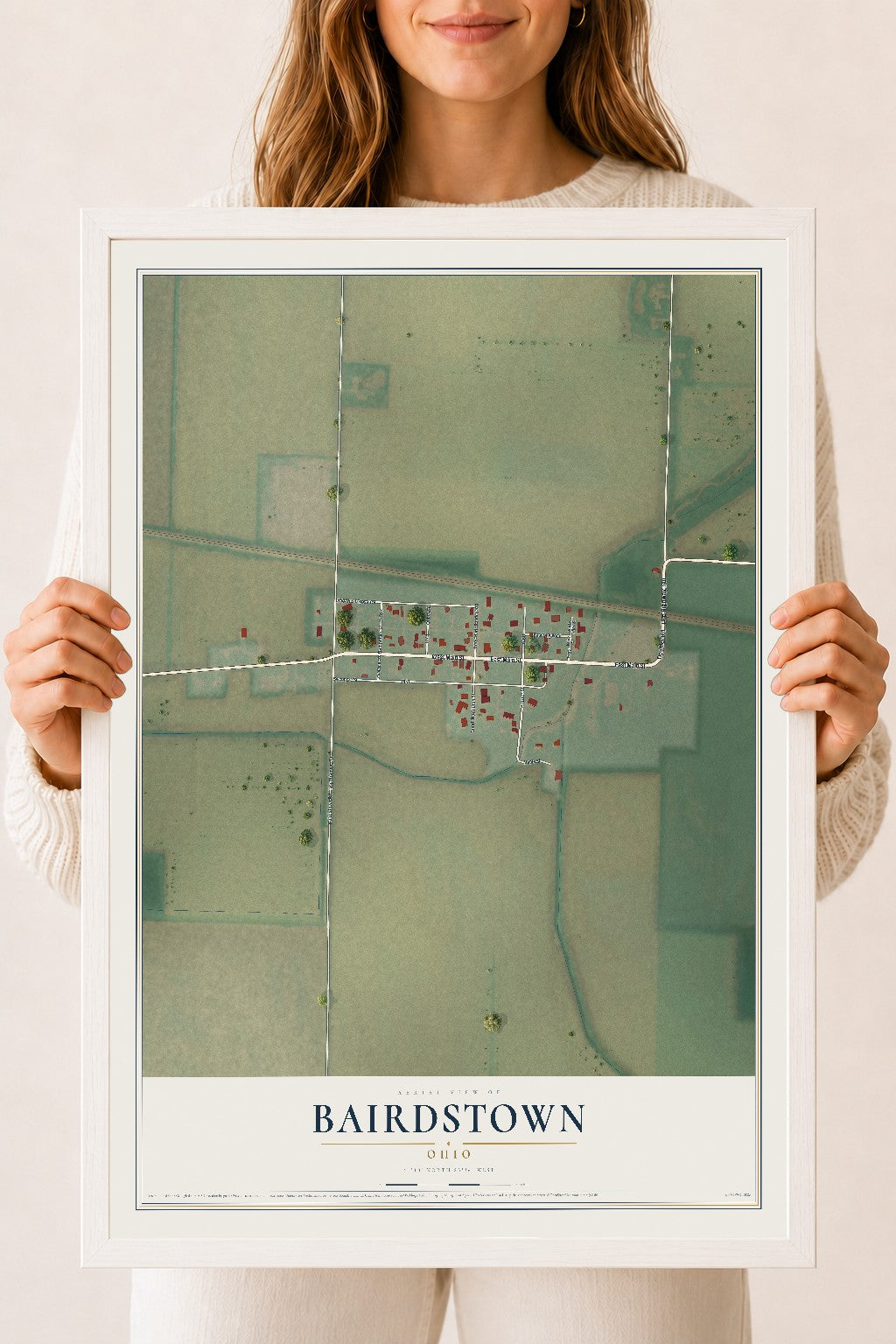 Map of Bairdstown, Ohio, 18 x 24 inch print in a white wood frame