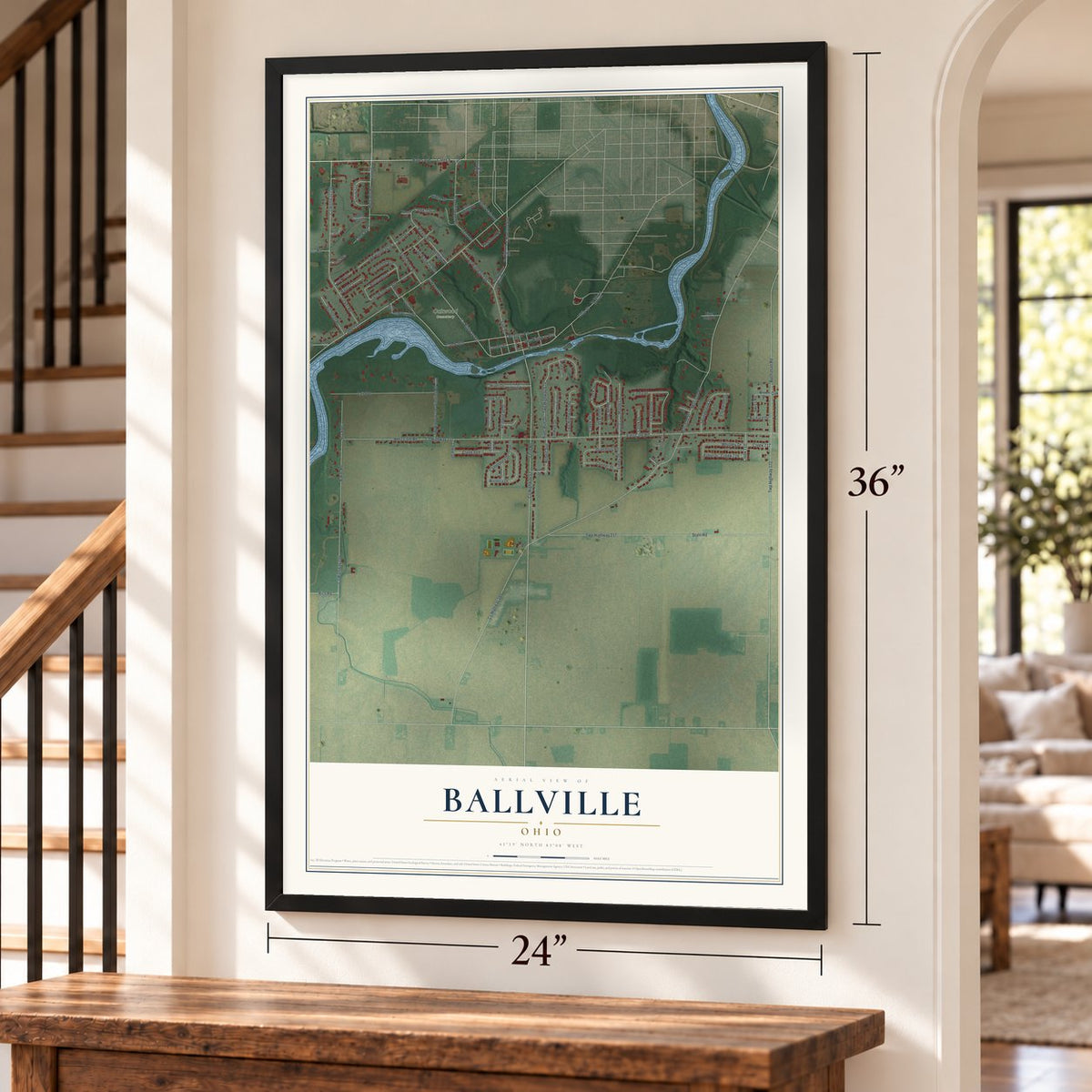 Ballville, Ohio map, 24 x 36 inch print in a black frame by a staircase