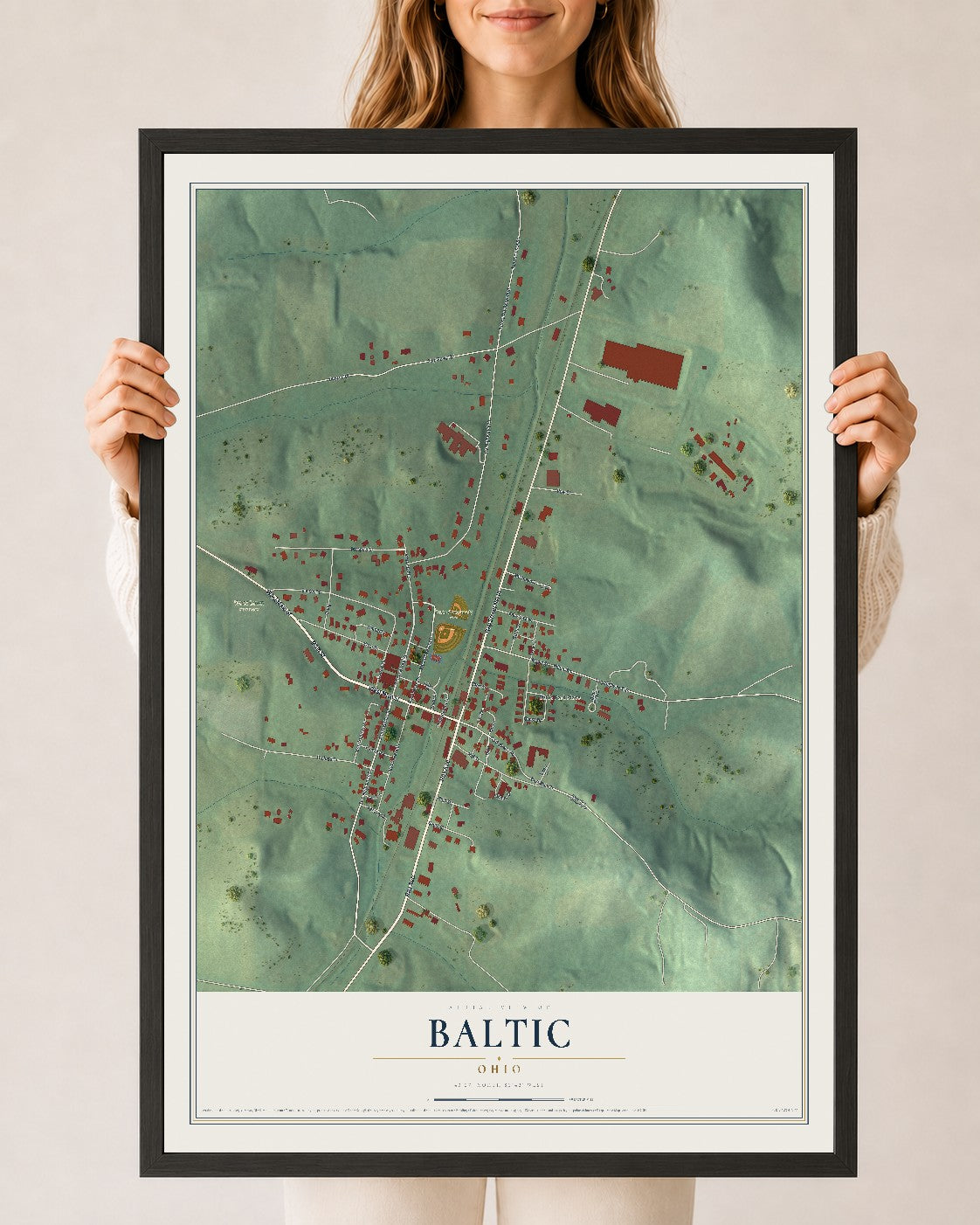 Map of Baltic, Ohio, 24 x 36 inch print in a black wood frame
