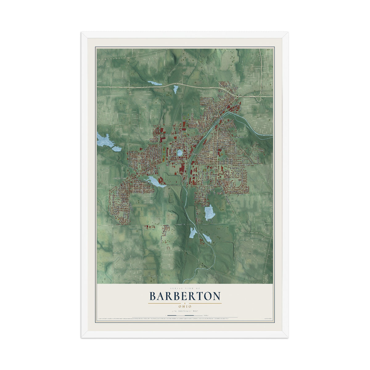 Map of Barberton, Ohio, 12 x 18 inch print in a white wood frame