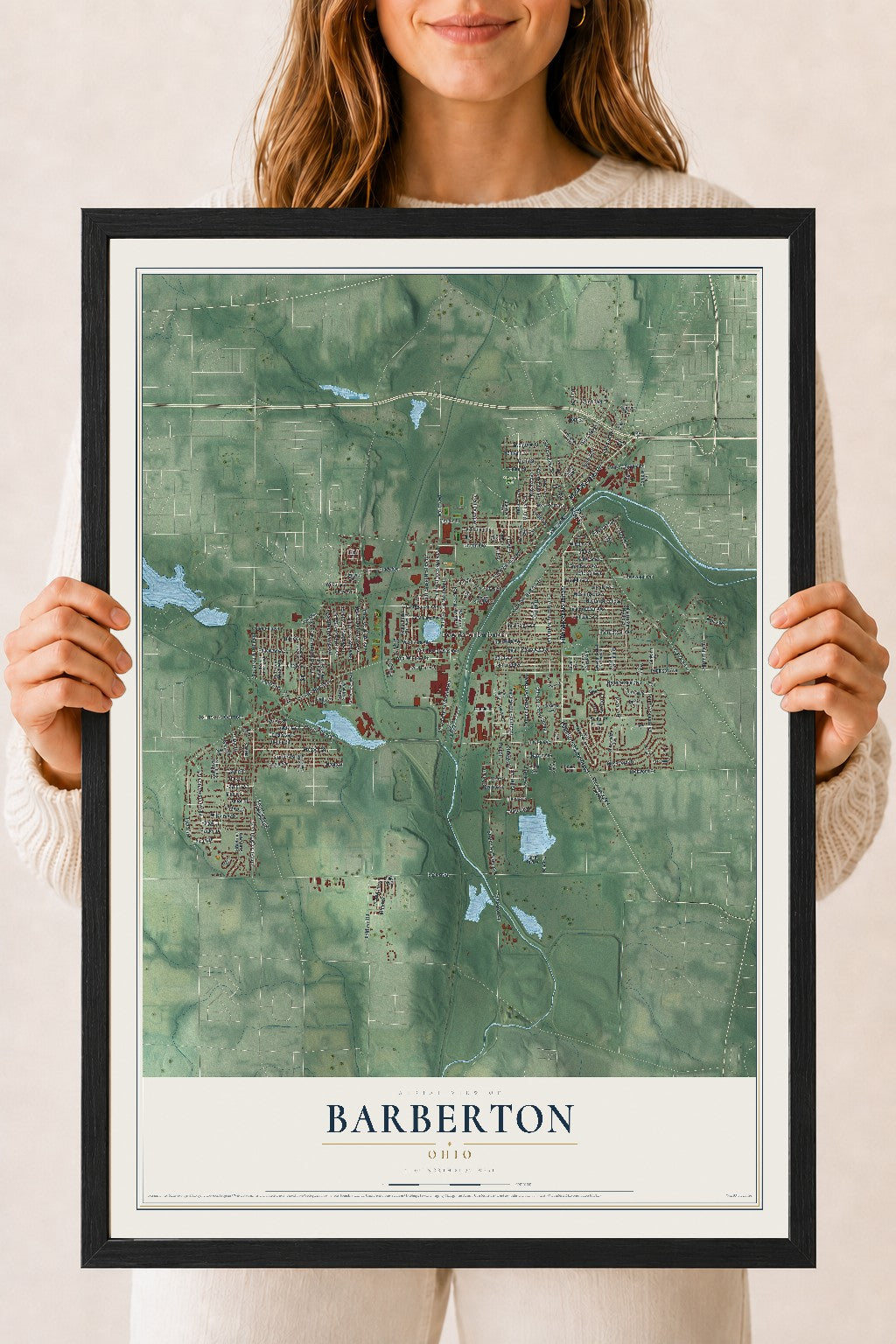 Map of Barberton, Ohio, 18 x 24 inch print in a black wood frame