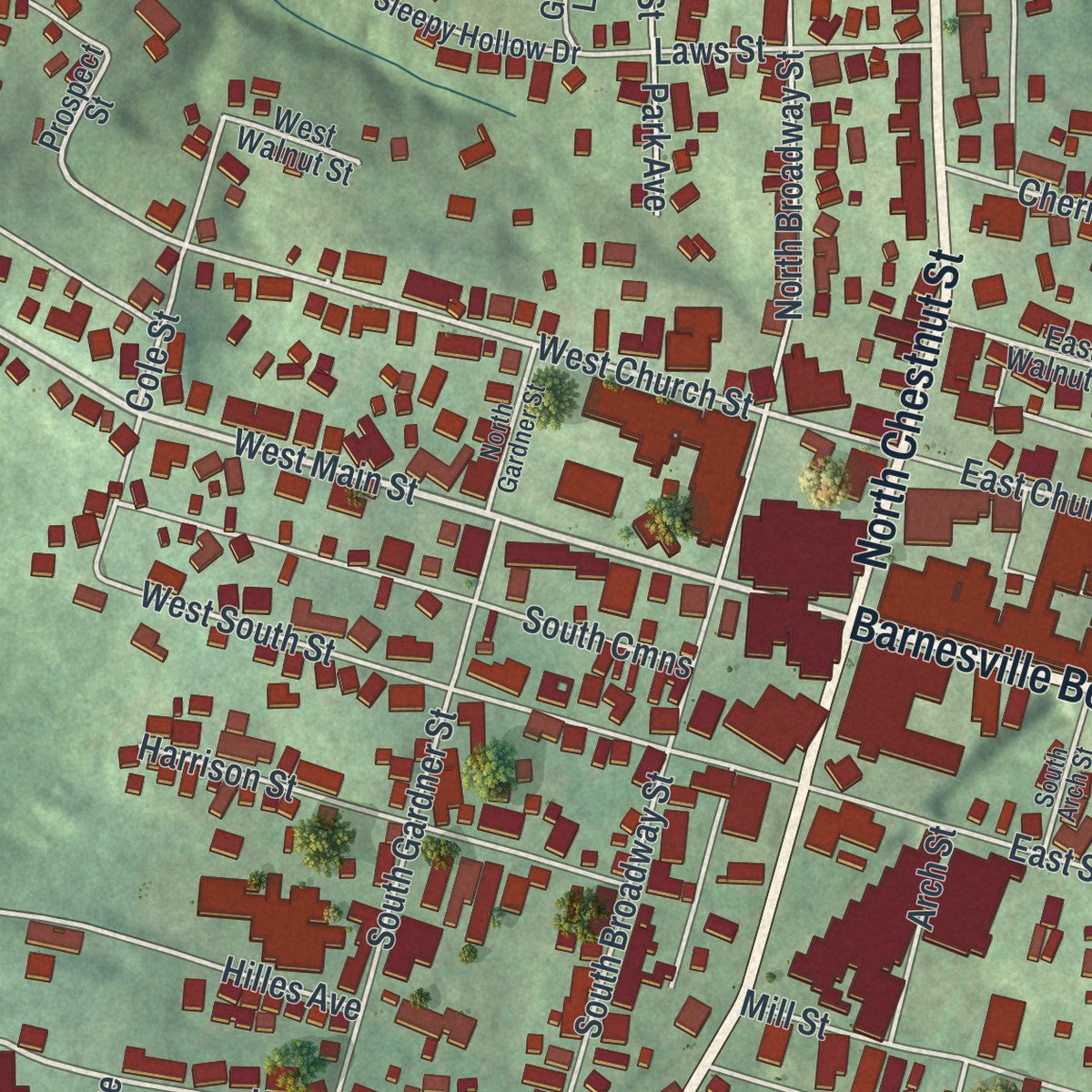 Close-up of the map of Barnesville, Ohio print showing street and building detail