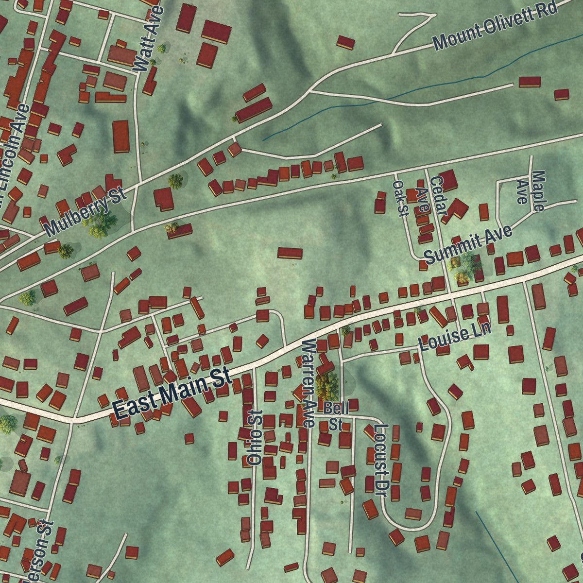 Second close-up of the map of Barnesville, Ohio print showing more streets and buildings