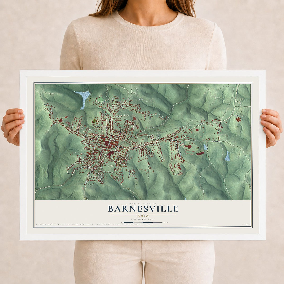 Map of Barnesville, Ohio, 12 x 18 inch print in a white wood frame