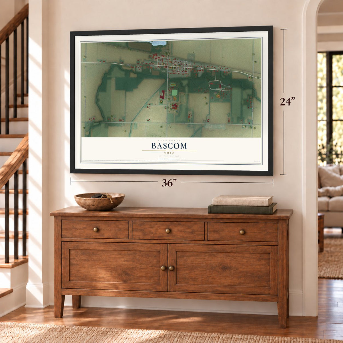 Bascom, Ohio map, 24 x 36 inch print in a black frame above a dresser by a staircase