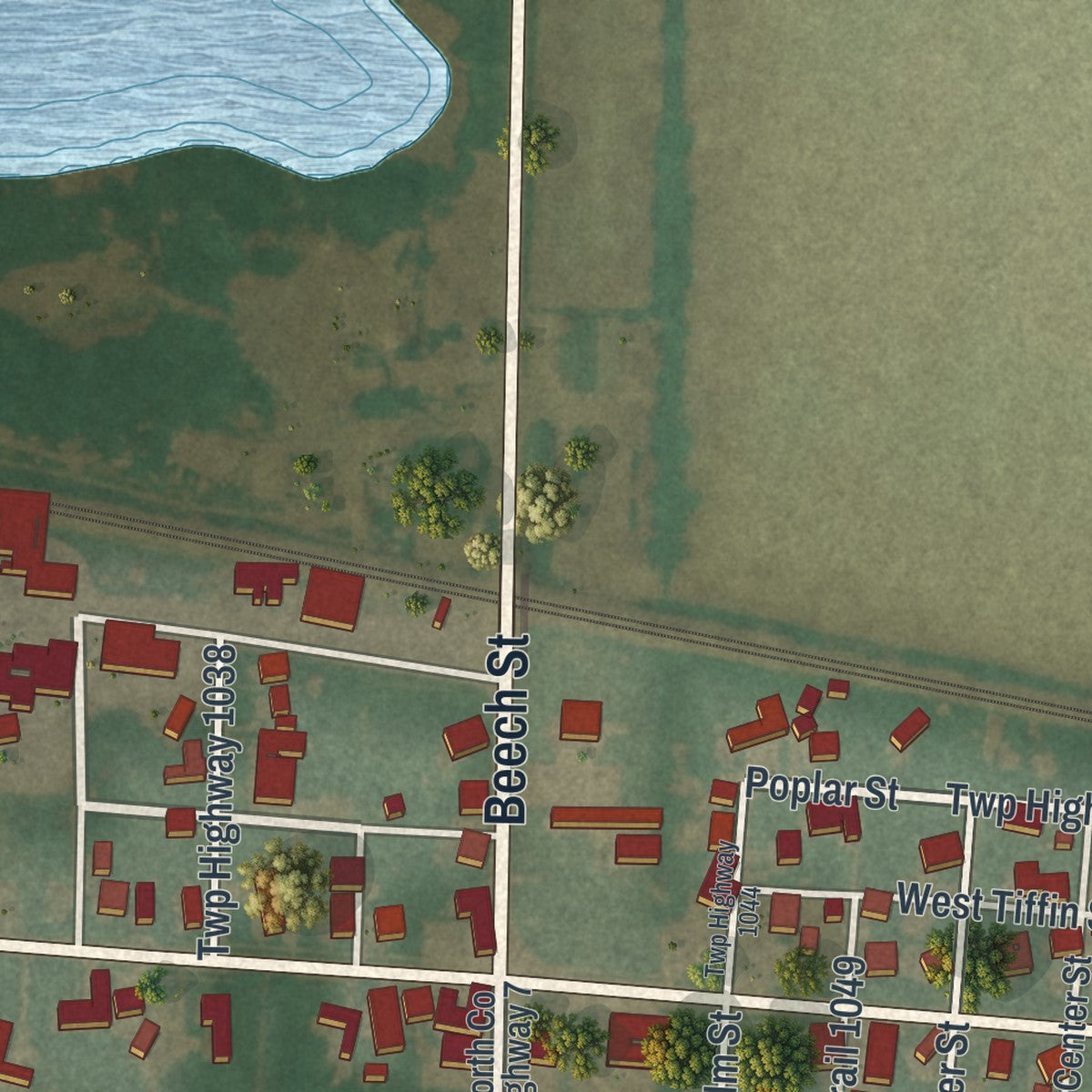 Close-up of the map of Bascom, Ohio print showing street and building detail