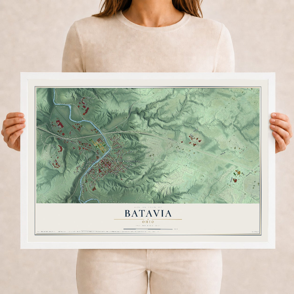 Map of Batavia, Ohio, 12 x 18 inch print in a white wood frame