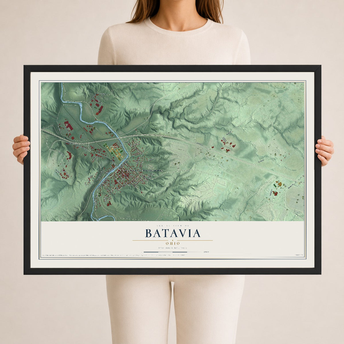 Map of Batavia, Ohio, 24 x 36 inch print in a black wood frame