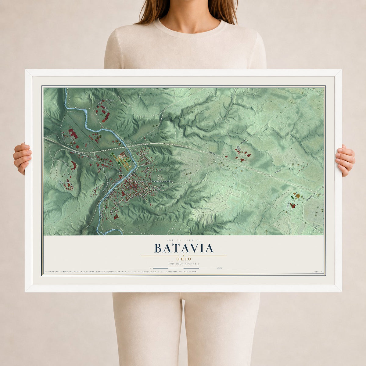 Map of Batavia, Ohio, 24 x 36 inch print in a white wood frame