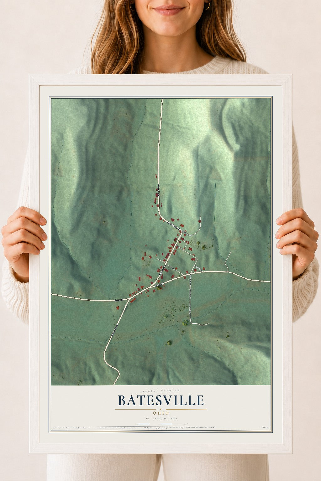 Map of Batesville, Ohio, 18 x 24 inch print in a white wood frame