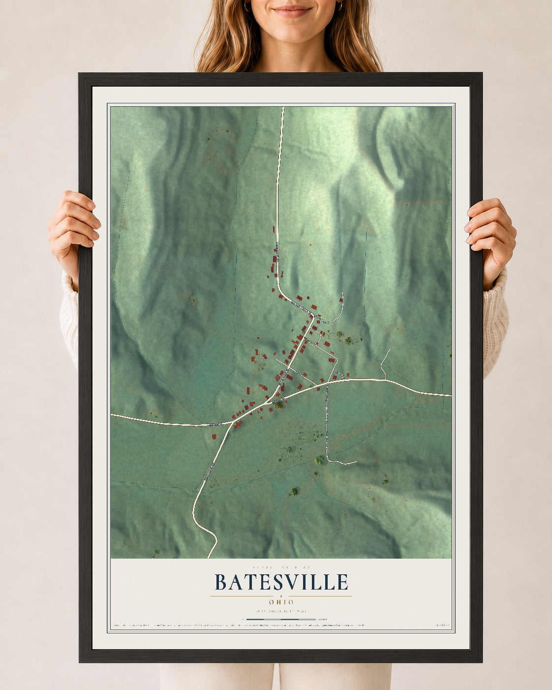 Map of Batesville, Ohio, 24 x 36 inch print in a black wood frame