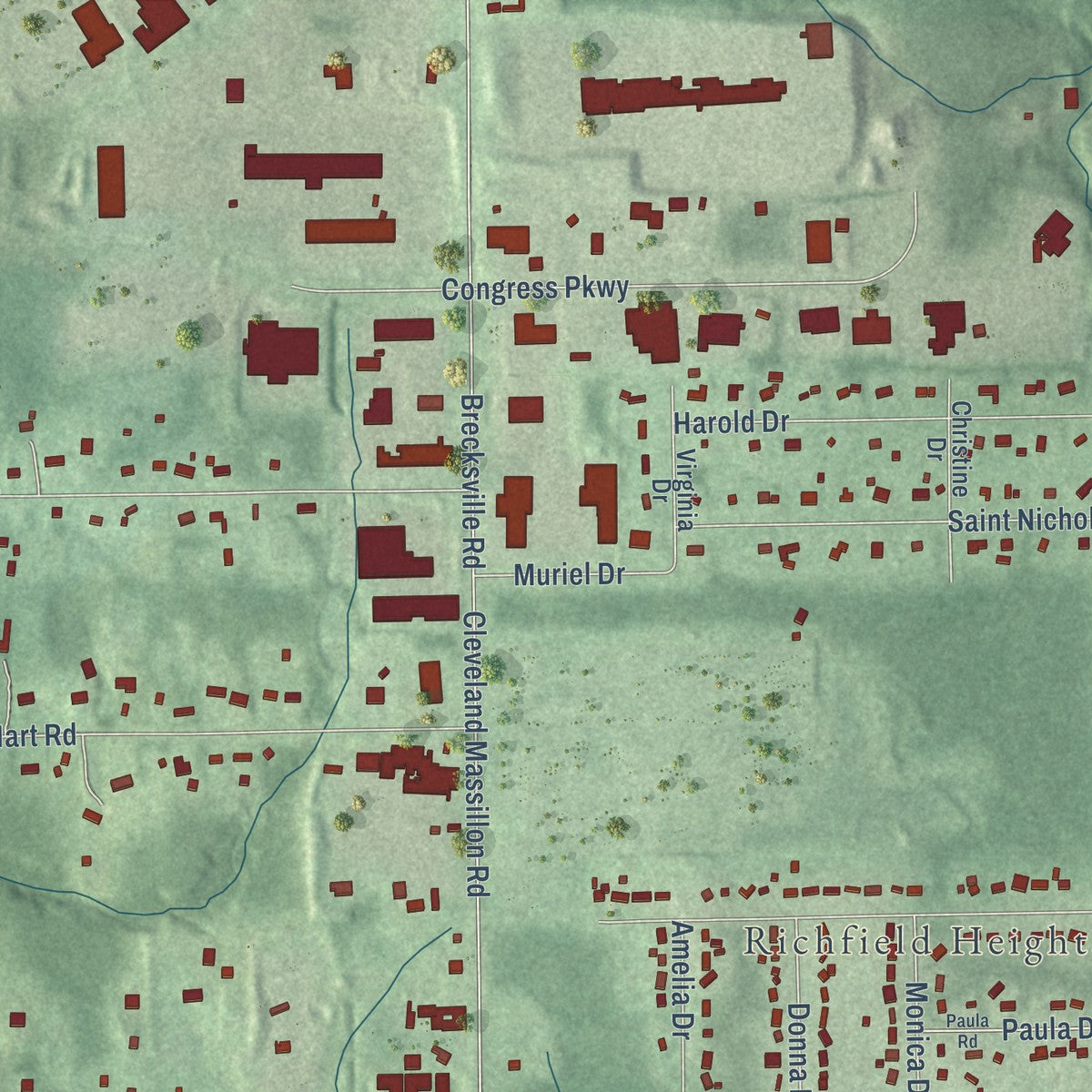 Close-up of the map of Bath, Ohio print showing street and building detail