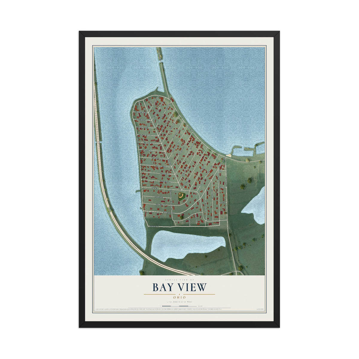 Map of Bay View, Ohio, 12 x 18 inch print in a black wood frame
