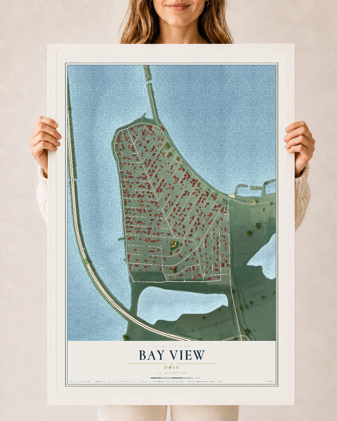 Map of Bay View, Ohio, 24 x 36 inch print in a white wood frame