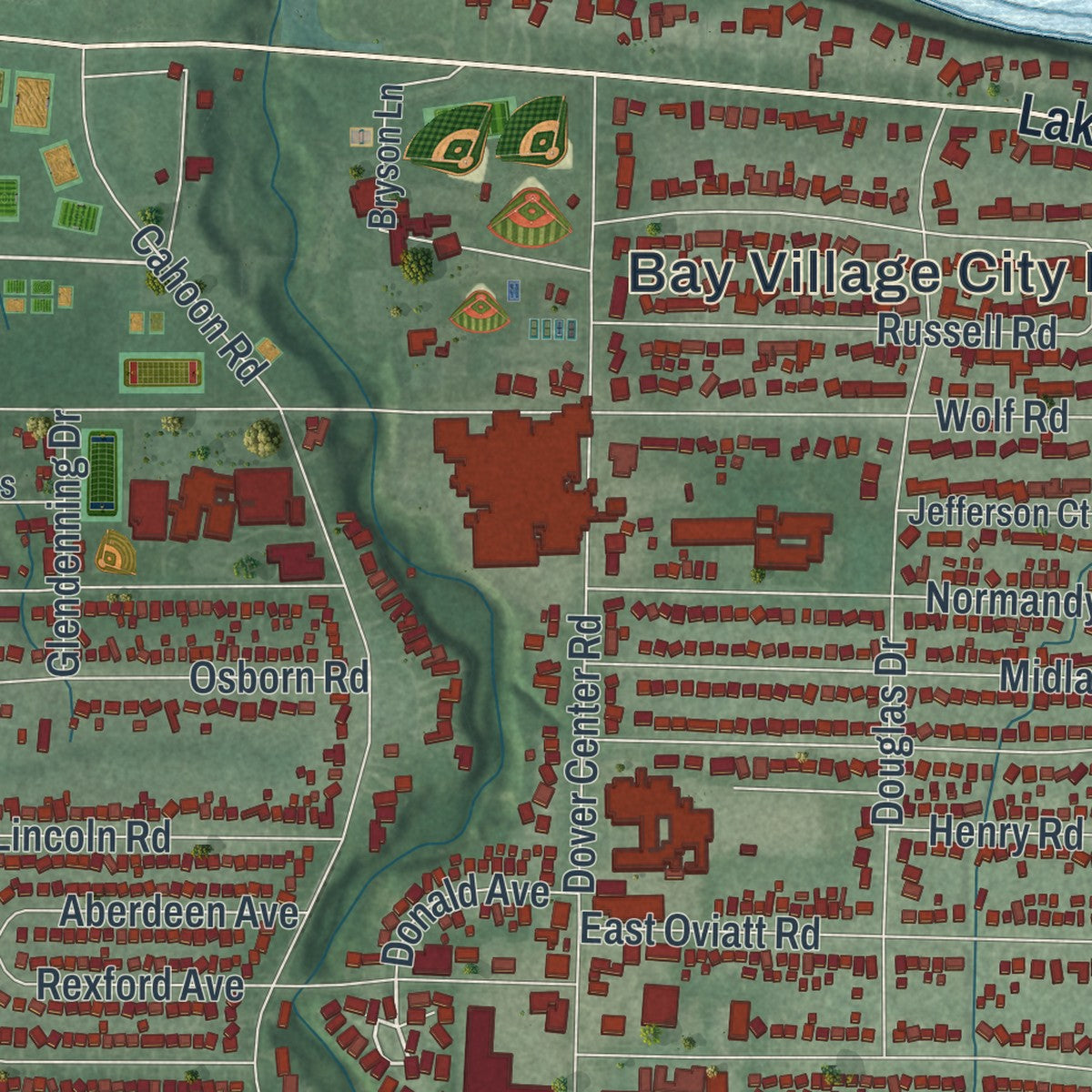 Close-up of the map of Bay Village, Ohio print showing street and building detail