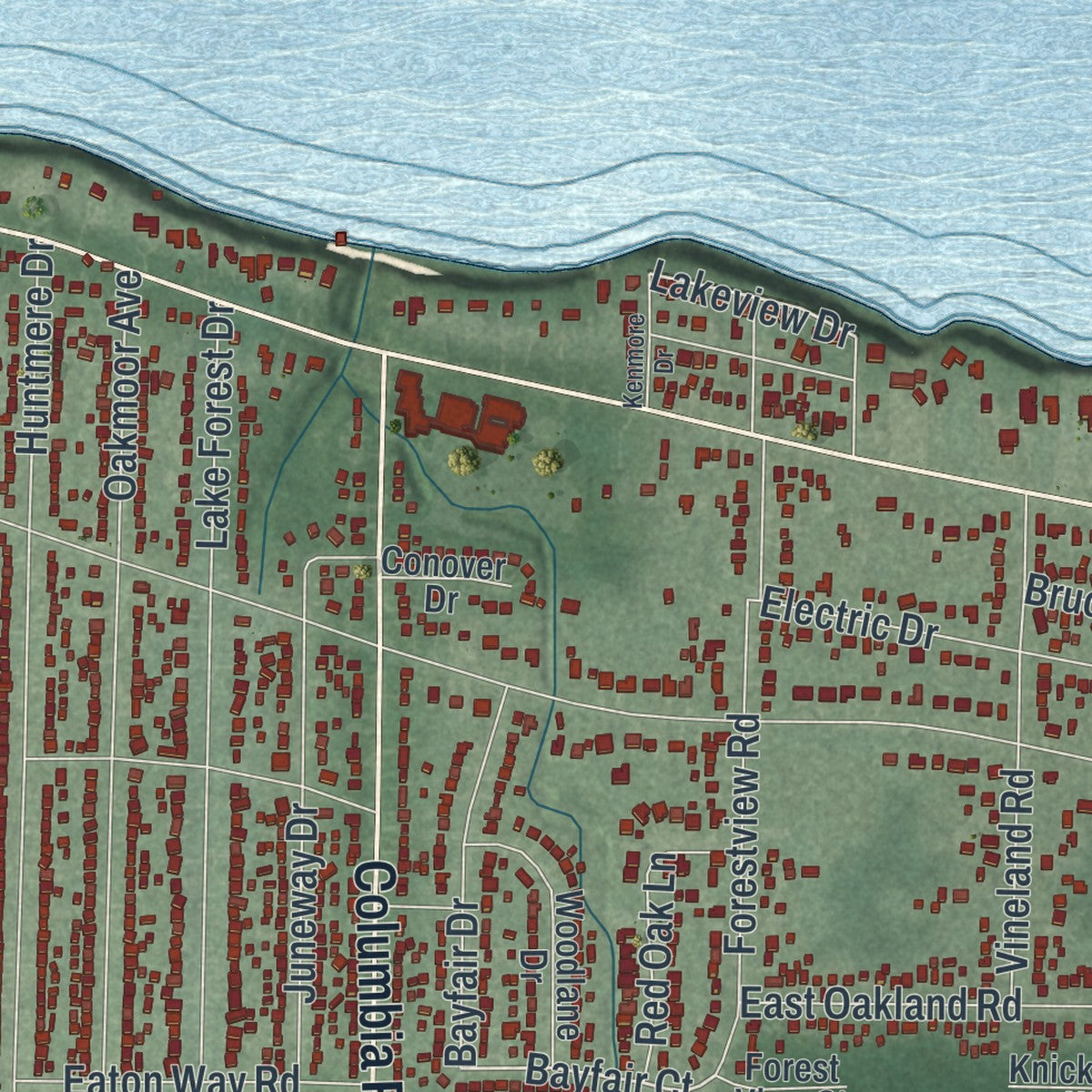 Second close-up of the map of Bay Village, Ohio print showing more streets and buildings