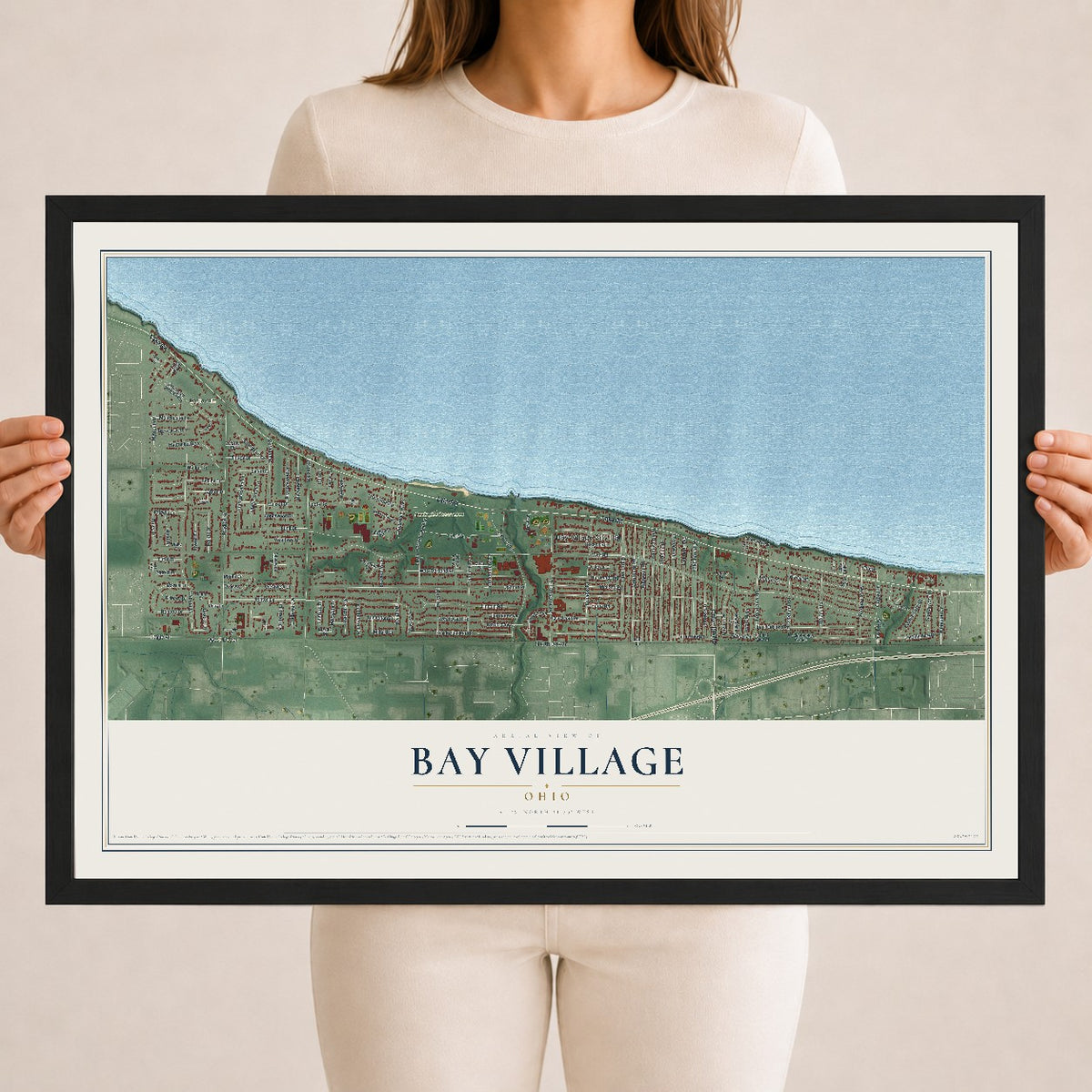 Map of Bay Village, Ohio, 18 x 24 inch print in a black wood frame