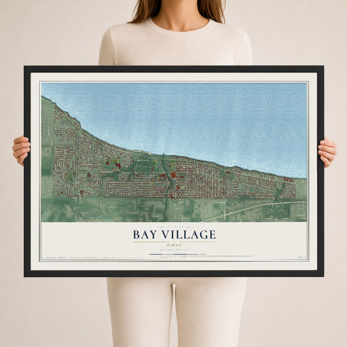 Map of Bay Village, Ohio, 24 x 36 inch print in a black wood frame