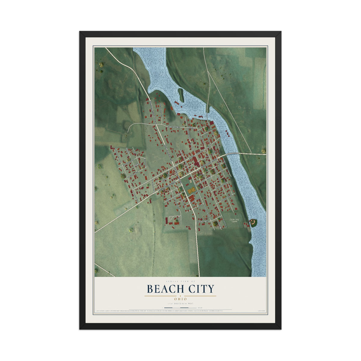 Map of Beach City, Ohio, 12 x 18 inch print in a black wood frame